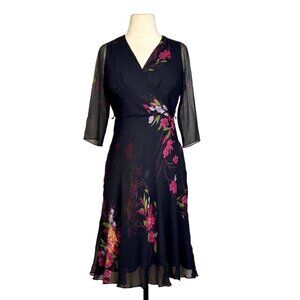 Coldwater Creek Black Pink Floral Vintage Silk Beaded Faux Wrap Dress Size P6